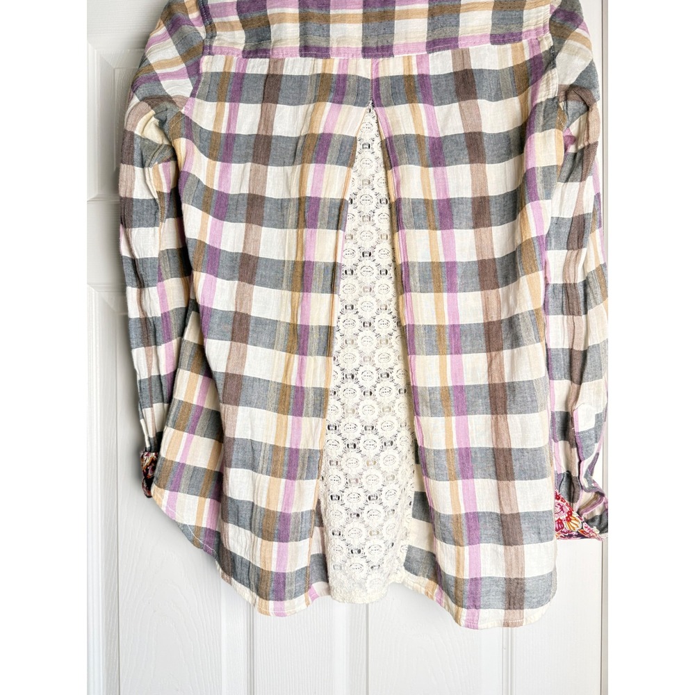 Isabella Sinclair Plaid Shirt Womens XS Purple Tan Lace Back Button Down Blouse - Picture 4 of 9